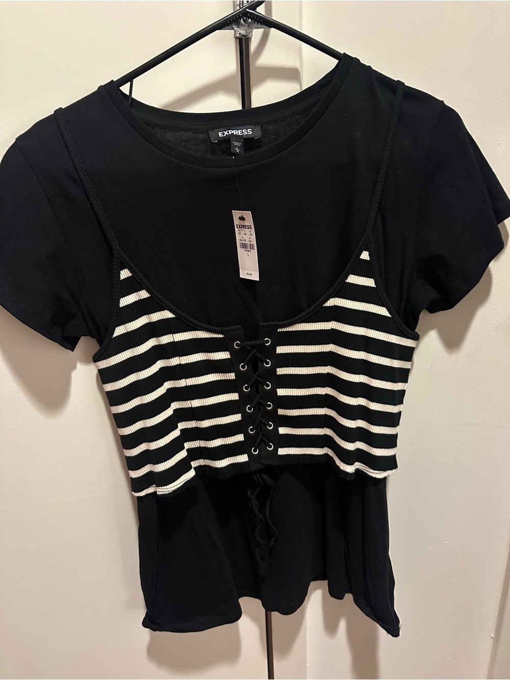 🆕 Express Black Tee with Black & White Striped Lace-Up Cami Overlay